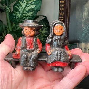 Vintage Farmhouse Miniature Cast Iron Amish Couple  Figurines Sitting on Bench